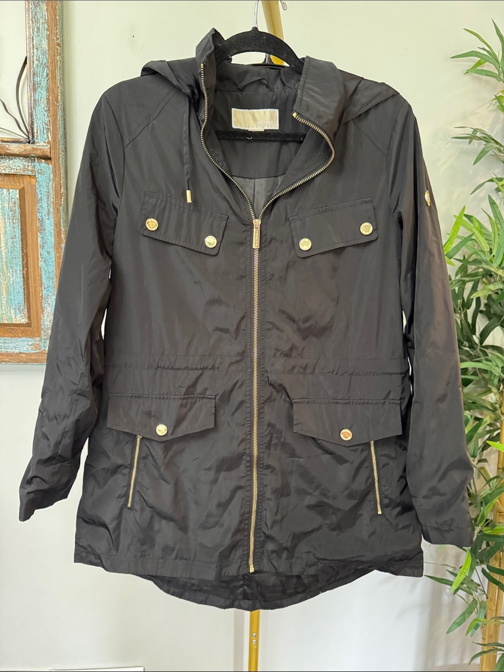 Michael Kors Black Hooded lightweight Utility Jacket with Gold-Tone accents
